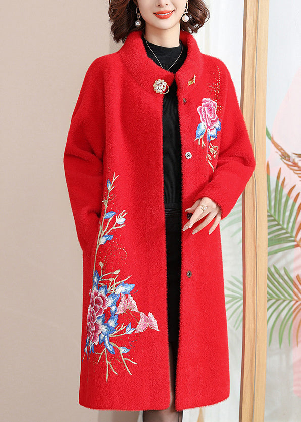 Manteau en laine et velours de vison rouge italien à col montant et boutons, printemps TA036