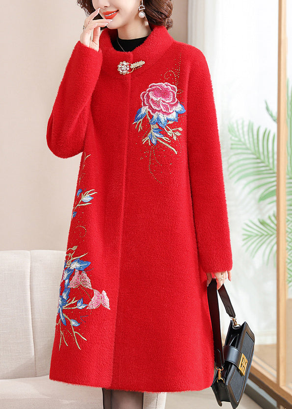 Manteau en laine et velours de vison rouge italien à col montant et boutons, printemps TA036