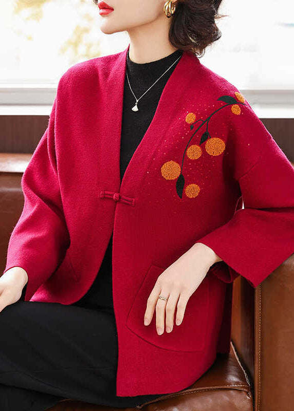 Italienische rote Strickjacke aus Baumwolle mit V-Ausschnitt und Taschen, Armbandärmel, TA021