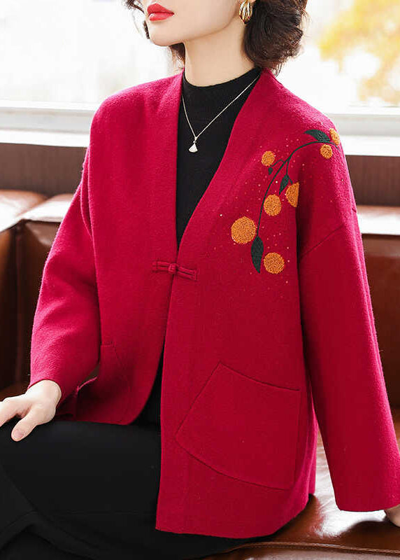 Italienische rote Strickjacke aus Baumwolle mit V-Ausschnitt und Taschen, Armbandärmel, TA021