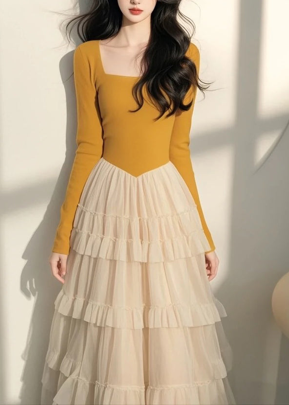 Frühling Italienische Lange Kleid Tüll Kragen Gelb Patchwork
