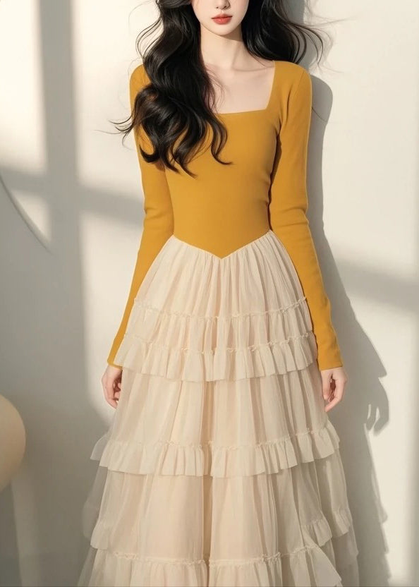 Frühling Italienische Lange Kleid Tüll Kragen Gelb Patchwork