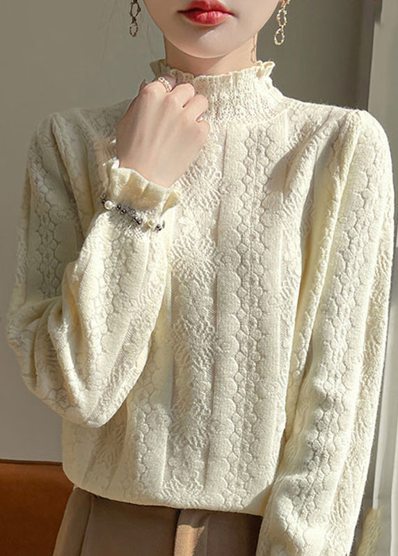 Haut tricoté en coton uni et confortable à col roulé beige jacquard pour l'hiver TE036