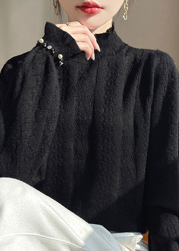 Haut tricoté en coton uni et confortable à col roulé beige jacquard pour l'hiver TE036