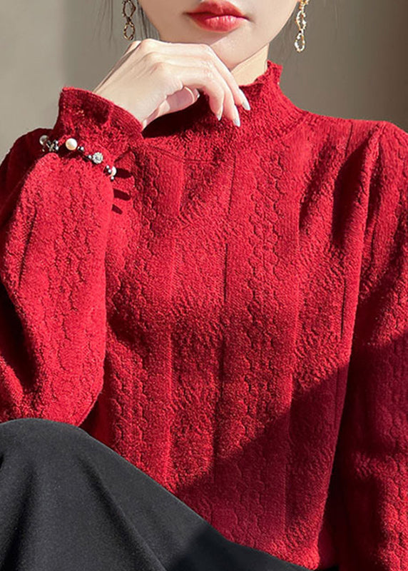 Haut tricoté en coton uni et confortable à col roulé beige jacquard pour l'hiver TE036