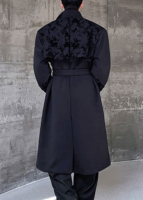 Trench-coat homme noir jacquard asymétrique à nouer à la taille, hiver RO024