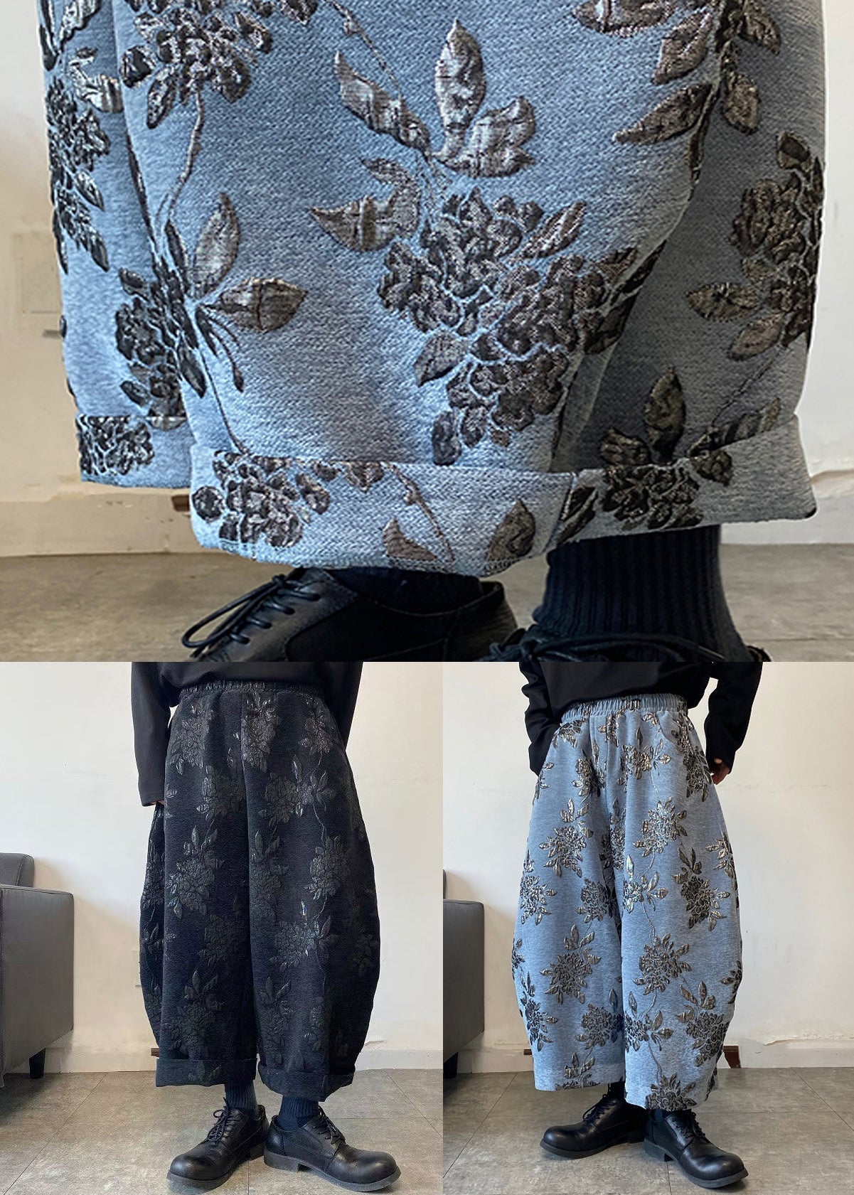 Jacquard Schwarz Taschen Elastische Taille Männer Crop Pants Frühling RM026