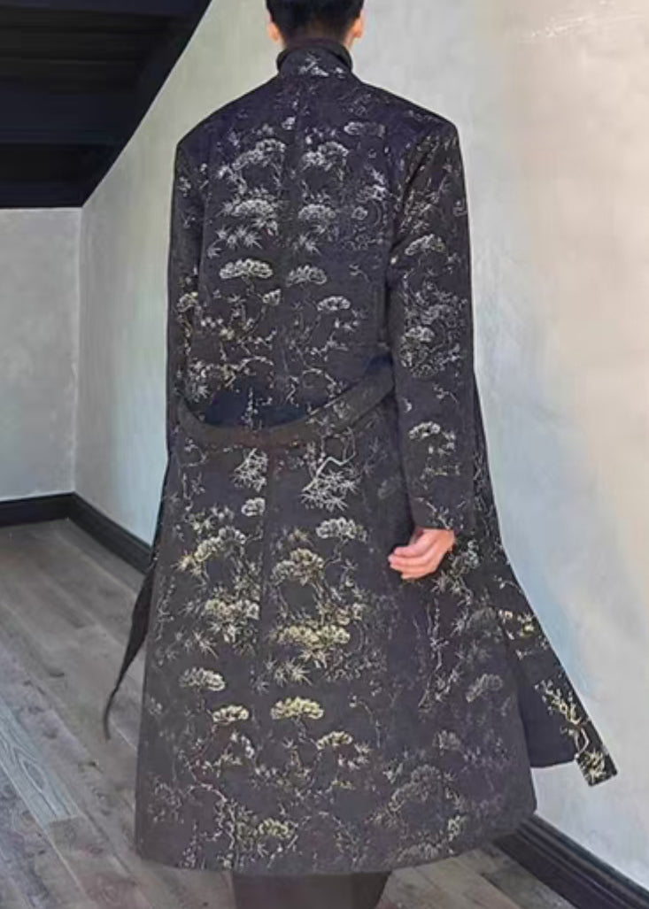 Jacquard Schwarz Seite Offene Krawatte Taille Herren Lange Mäntel Herbst RO028