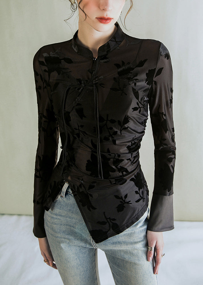 Jacquard Black Stand Collar Button Tulle Blouses AL1045