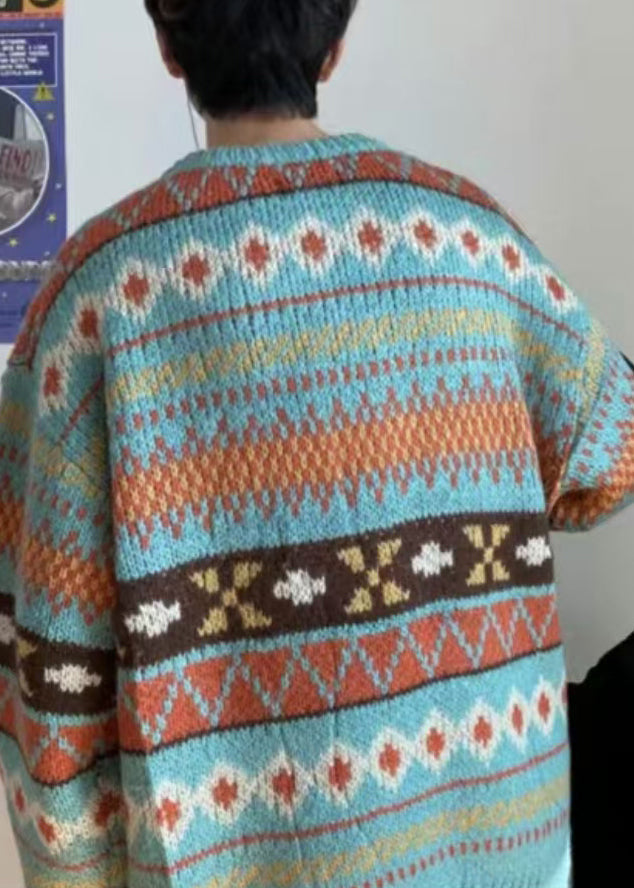 Jacquard Blau O Neck Gemütliche Strick Herren Pullover Herbst QH027