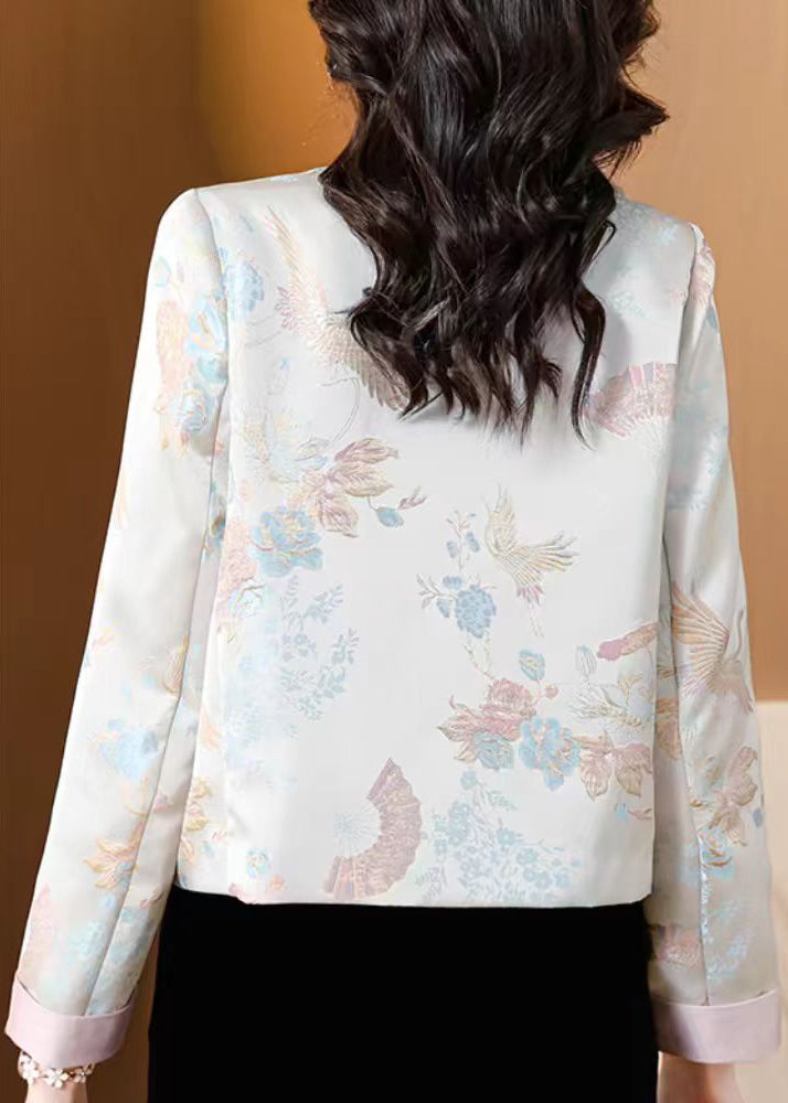 Jacquard Hellblau Stehkragen Knopf Seidenmäntel Herbst QO002