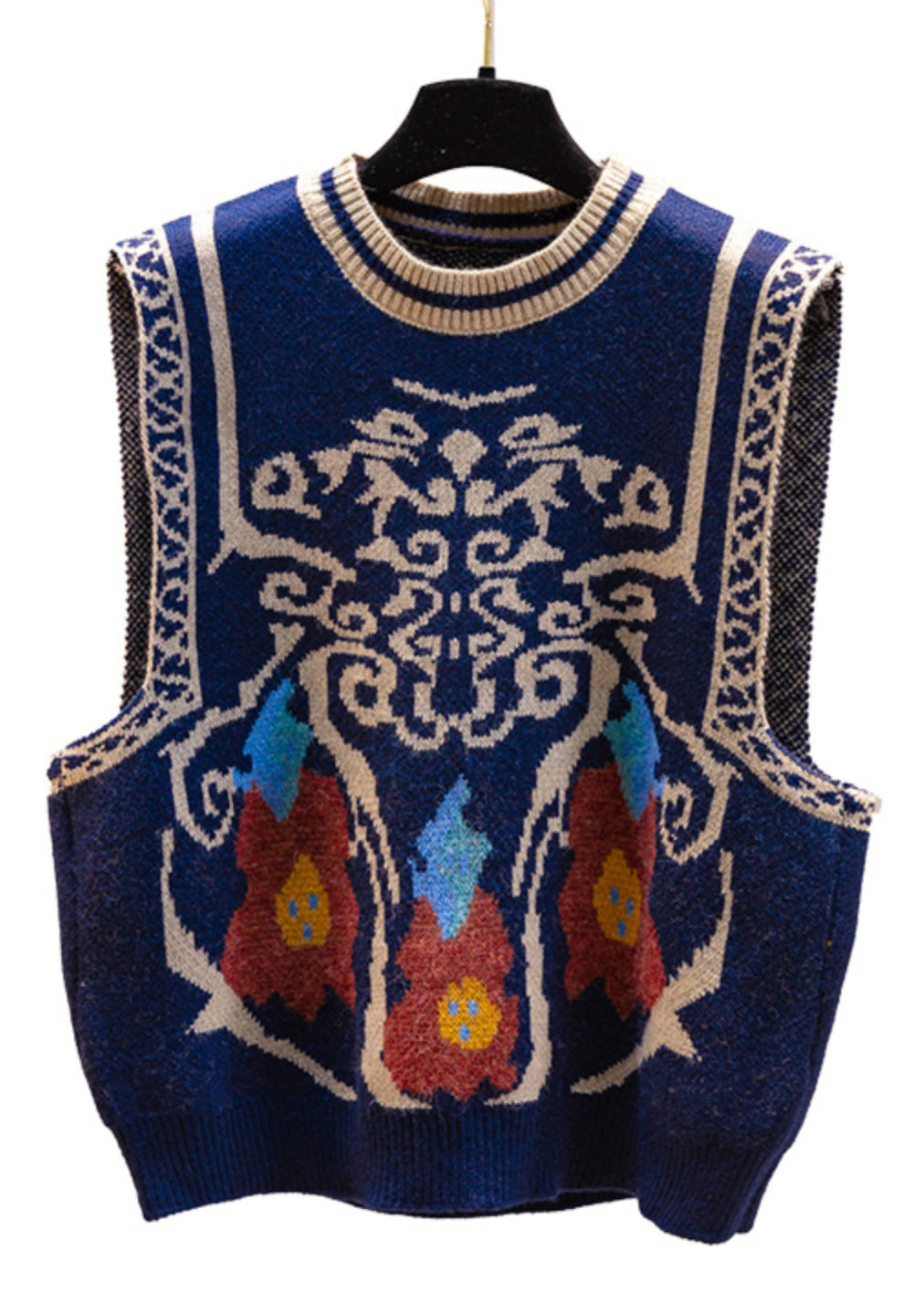 Gilet en tricot confortable sans manches à col rond et jacquard bleu marine YJ011