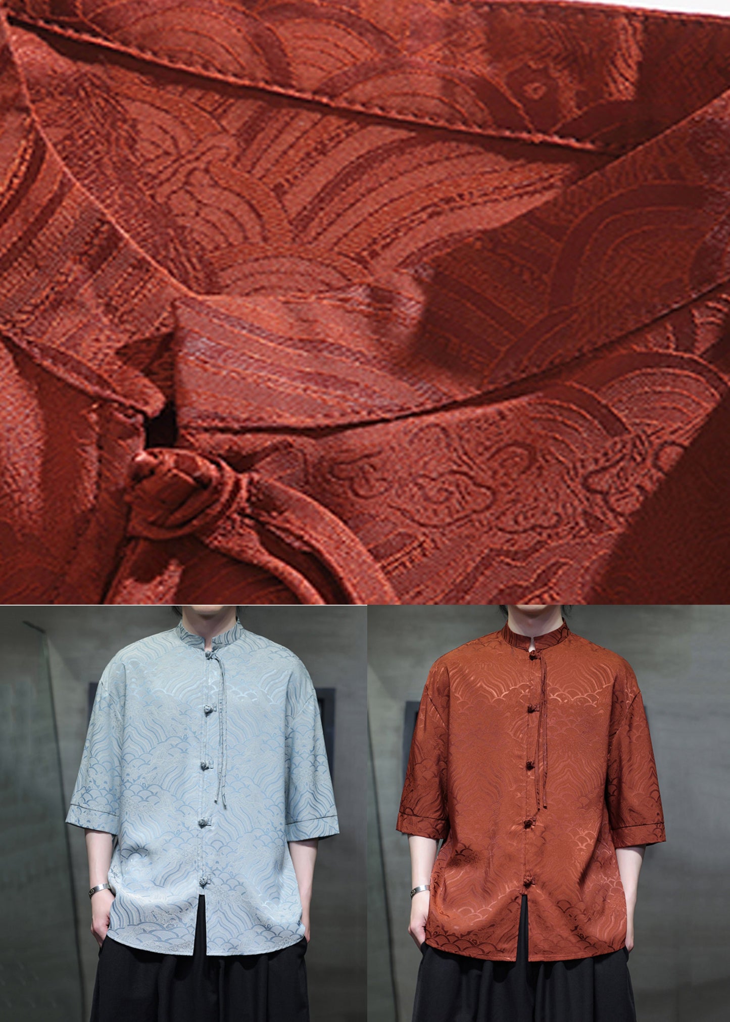 Chemises Jacquard Orange à col montant et boutons chinois en soie glacée pour hommes, été YT068