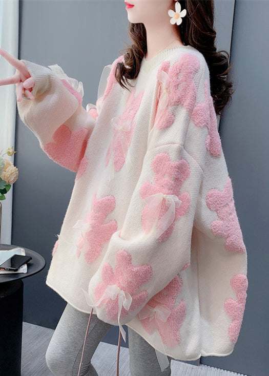 Jacquard Weiß O-Ausschnitt Schleife Gemütlicher Strickpullover Frühling YW036