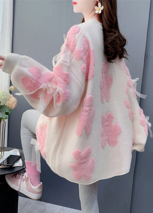 Jacquard Weiß O-Ausschnitt Schleife Gemütlicher Strickpullover Frühling YW036