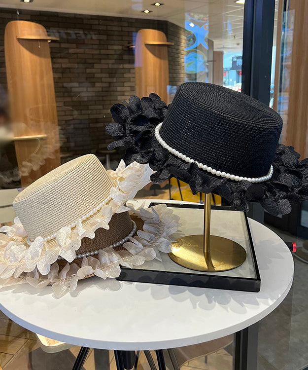 Japanese Cloche Woven Edge Lace Hat Pearl Elegant Straw Black