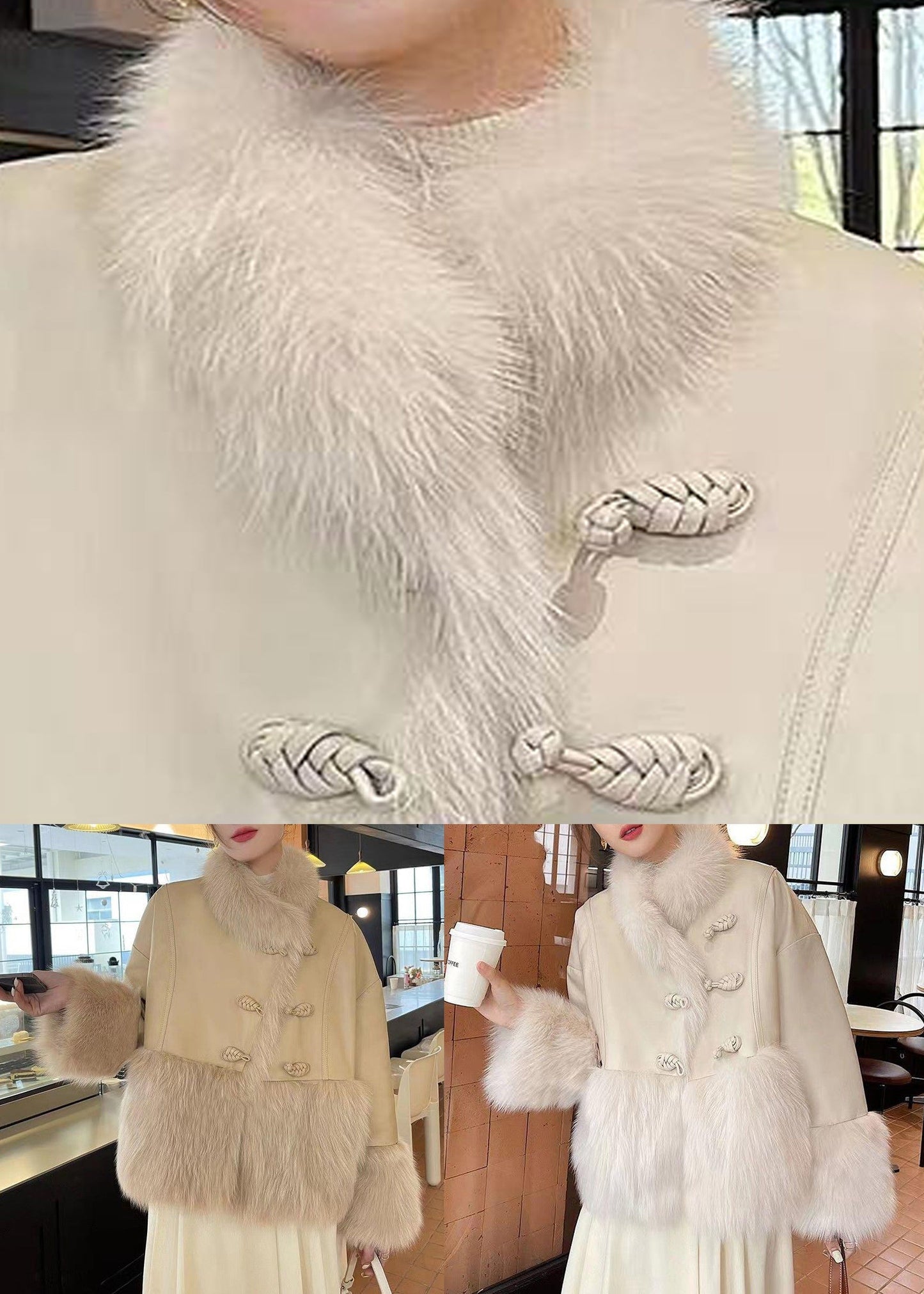 Manteau en duvet de canard kaki avec boutons et patchwork, col en fourrure, hiver RC007