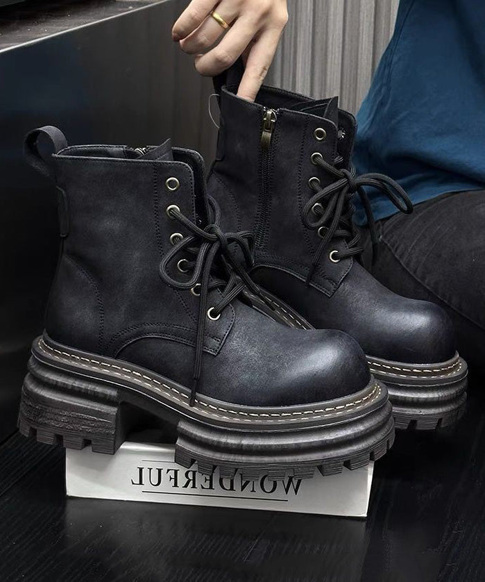 Khakifarbene, klobige Schnürstiefel aus Kunstleder mit Spleißen TE011