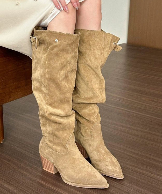 Bottes chics en daim épais kaki à bout pointu TP003