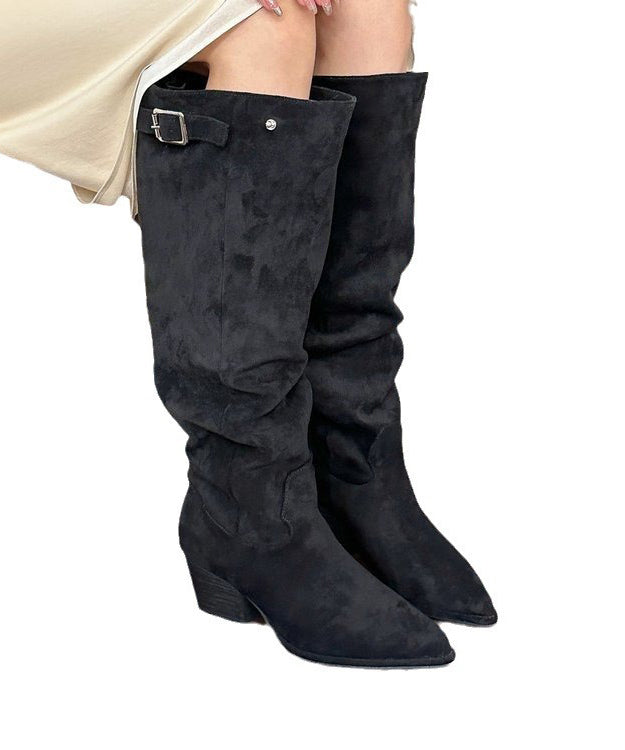 Bottes chics en daim épais kaki à bout pointu TP003