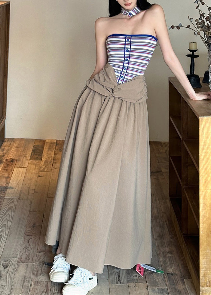 Cold Dresses Khaki Sleeveless Shoulder Maxi Wrinkled
