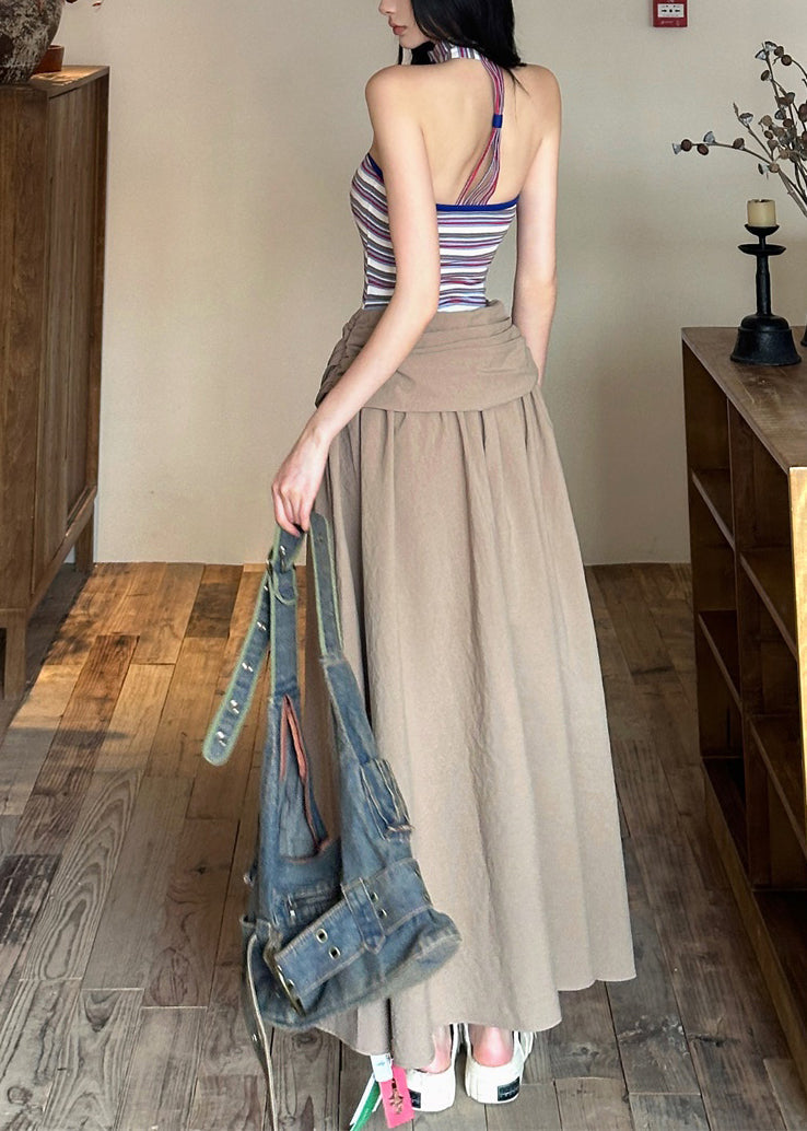 Cold Dresses Khaki Sleeveless Shoulder Maxi Wrinkled