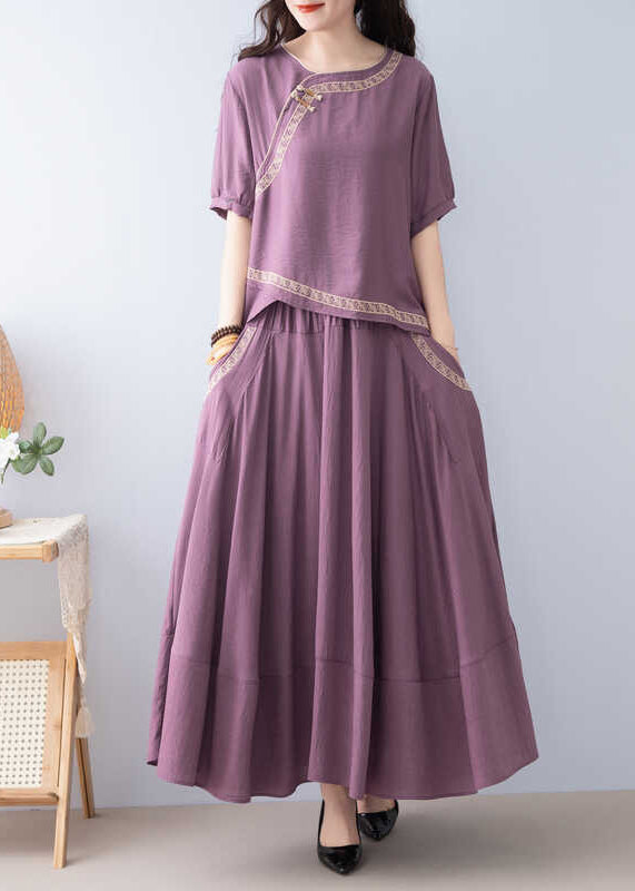 Ensemble deux pièces en lin uni avec poches kaki et col rond à manches courtes RE033