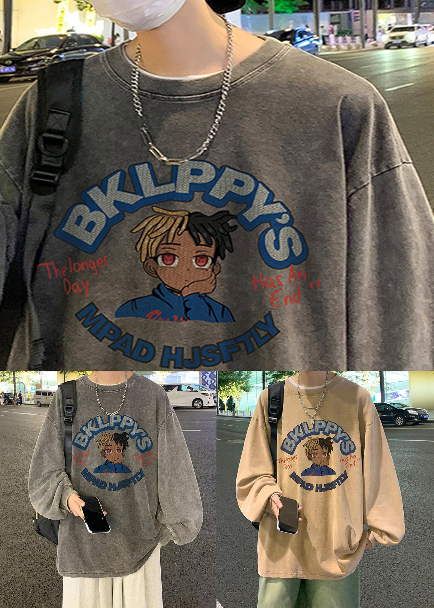 Hemden Khaki Baumwolle Lose Herren Hals Druck Frühling OT