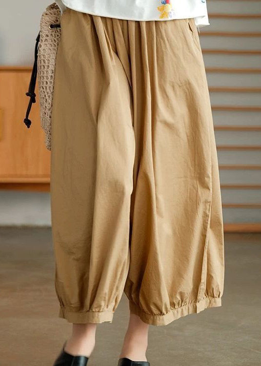 Pantalon large en coton à poches solides kaki taille haute été VV078