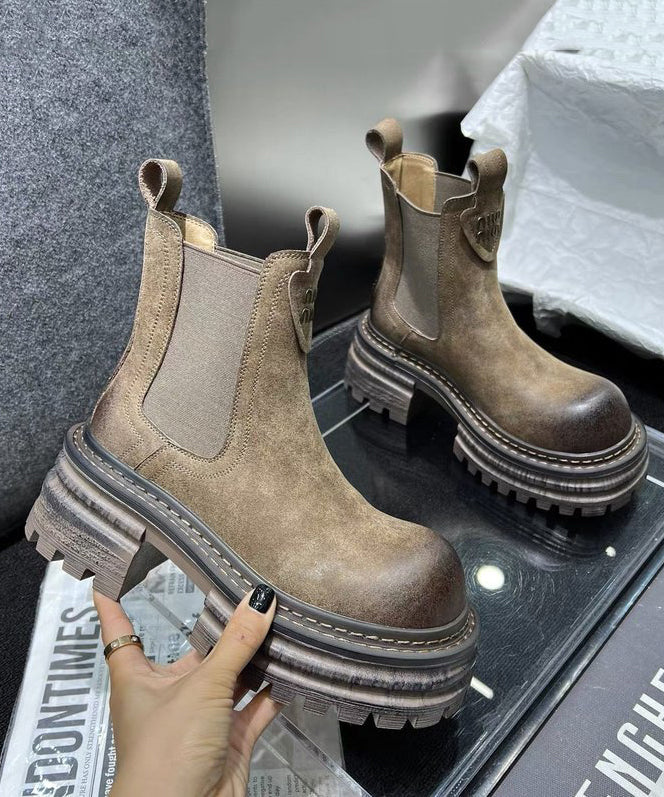 Khakifarbene, stilvolle Shelsea-Stiefel mit Spleiß-Plateau TP022