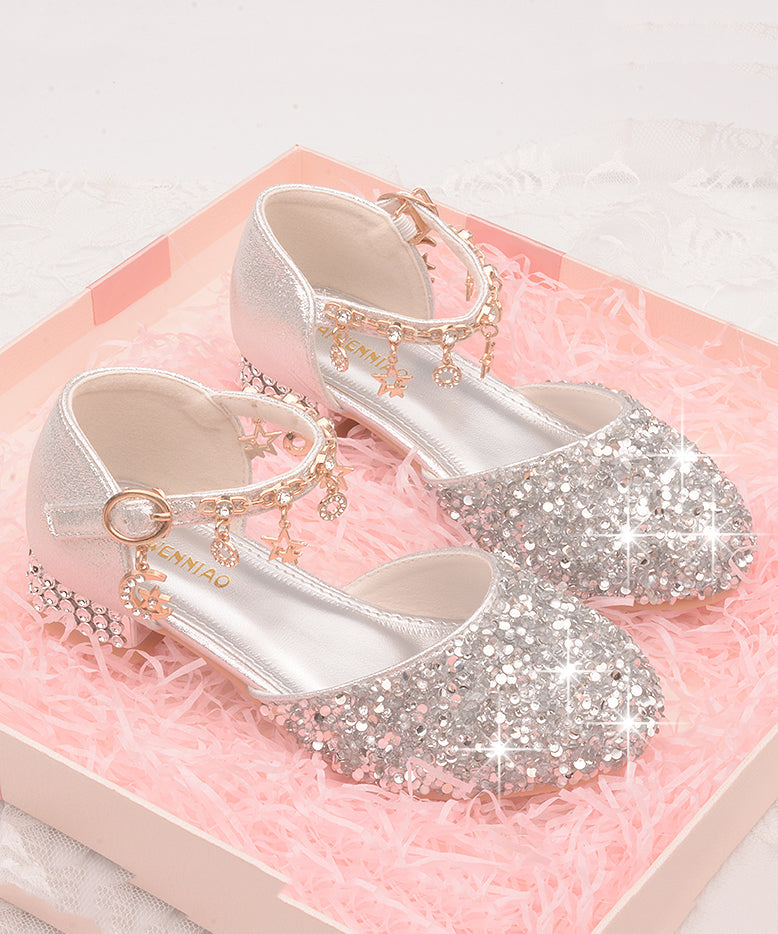 Chaussures plates en cuir pour filles, avec sangle princesse et boucle en zircon, en similicuir argenté