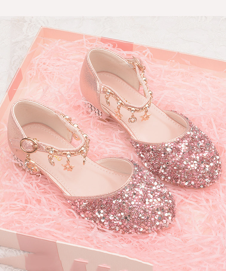 Chaussures plates en cuir pour filles, avec sangle princesse et boucle en zircon, en similicuir argenté