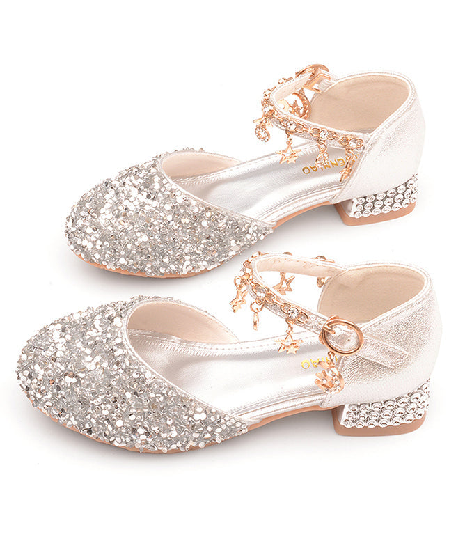 Chaussures plates en cuir pour filles, avec sangle princesse et boucle en zircon, en similicuir argenté