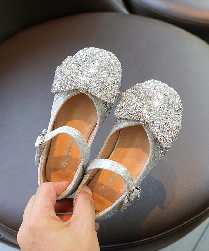 Strap Bow Buckle Faux Silver Kids Leather Zircon Girls Flat Shoes