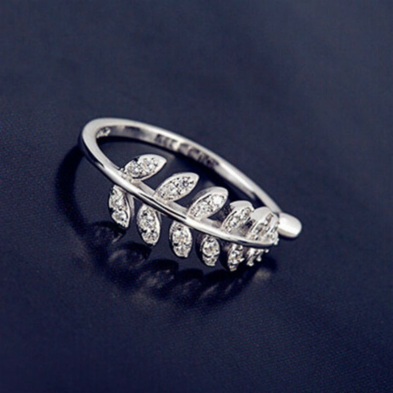 Rhinestone Leaf Ring Open Sterling Silver