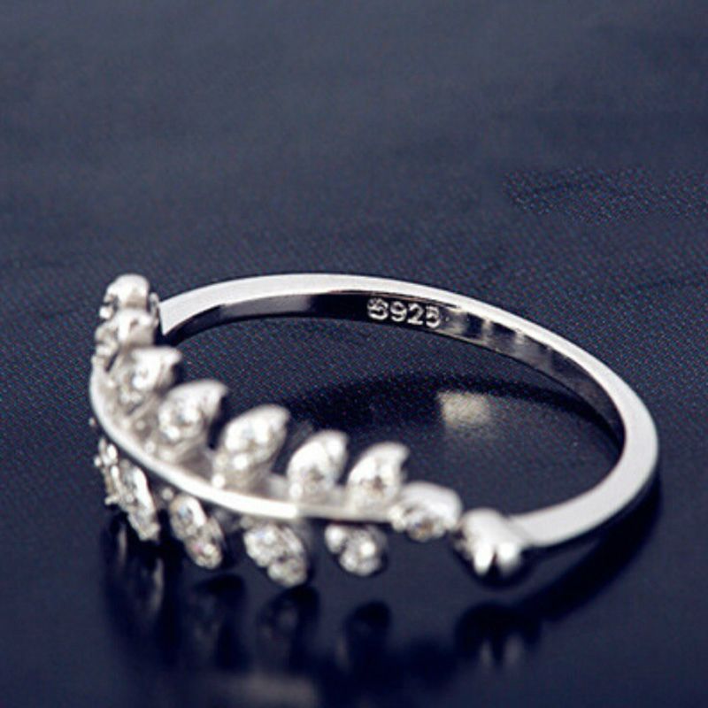 Rhinestone Leaf Ring Open Sterling Silver
