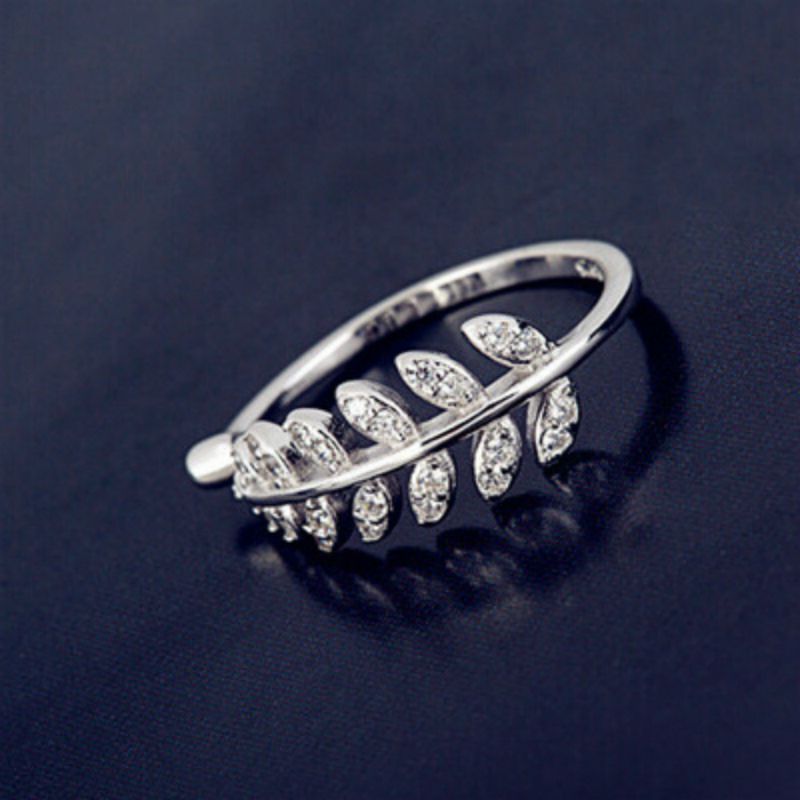 Rhinestone Leaf Ring Open Sterling Silver
