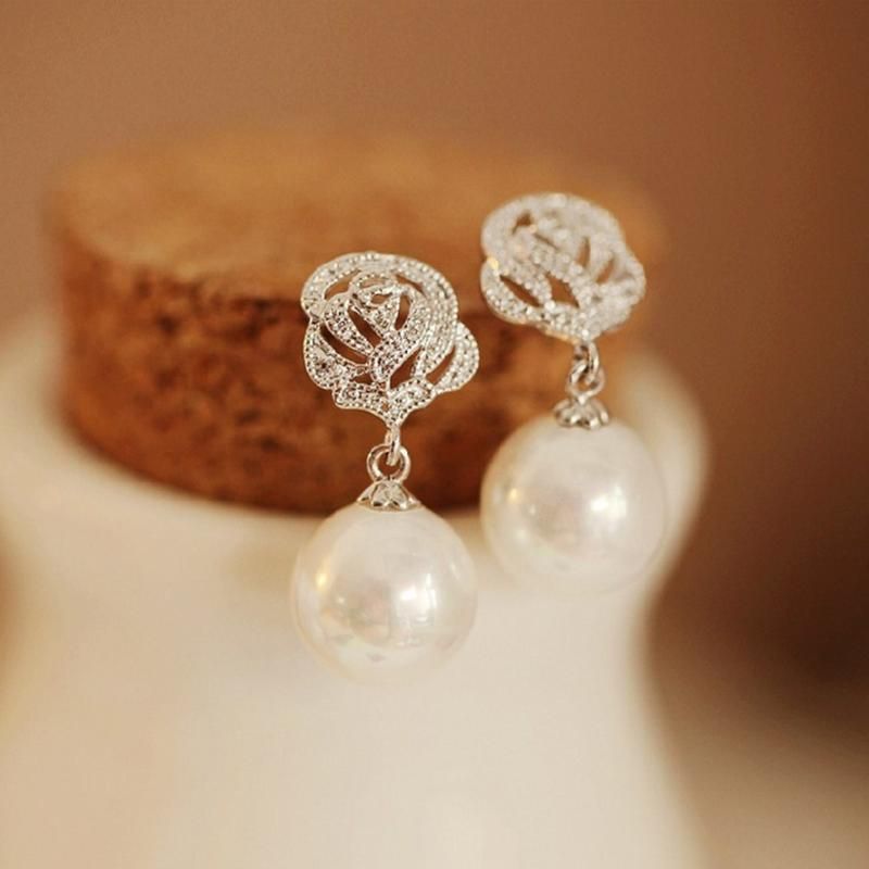 Pearl Rose Earring Faux Rhinestone Dangle