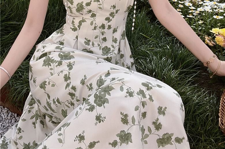 Spaghetti Strap Faux Pearl Floral Print Midi Sundress