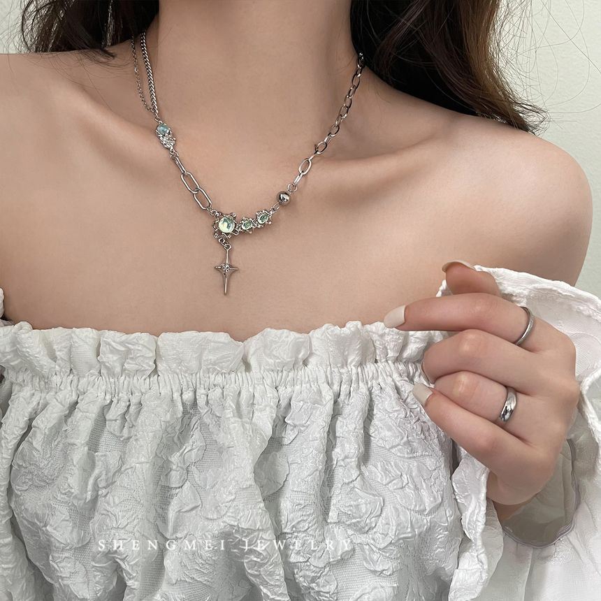 Stainless Rhinestone Pendant Star Moonstone Steel Necklace