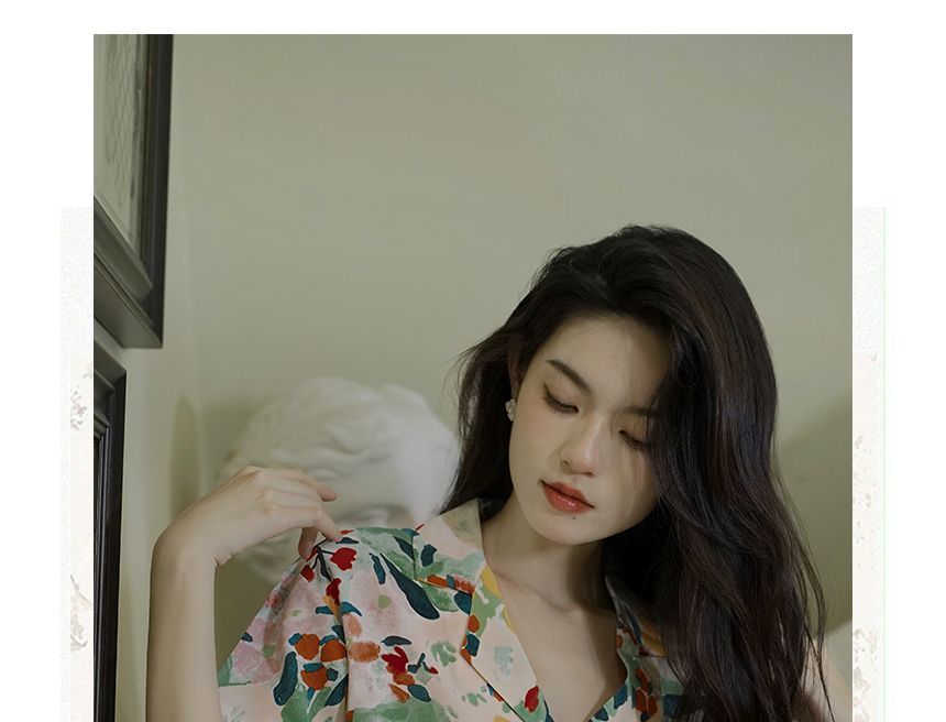 Set: Short-Sleeve Floral Print Shirt + Midi A-Line Skirt + Belt