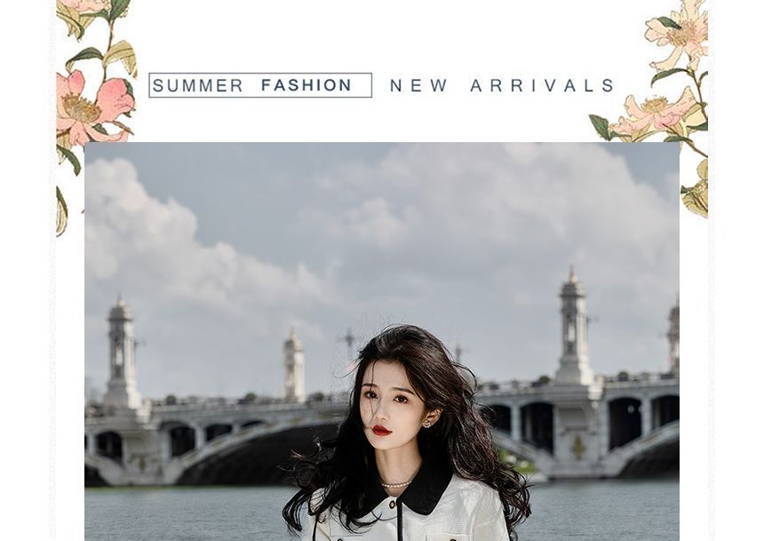 Set: Collared Contrast Trim Single Breasted Jacket with Belt + High Waist Plain Midi A-Line Skirt