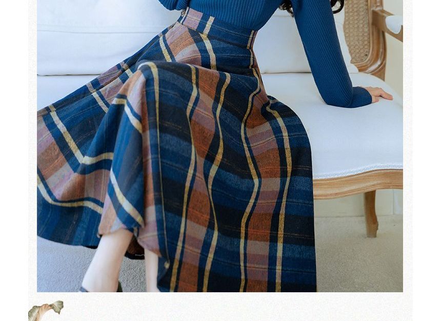 Set: Mock Neck Plain Sweater + Plaid Midi A-Line Skirt