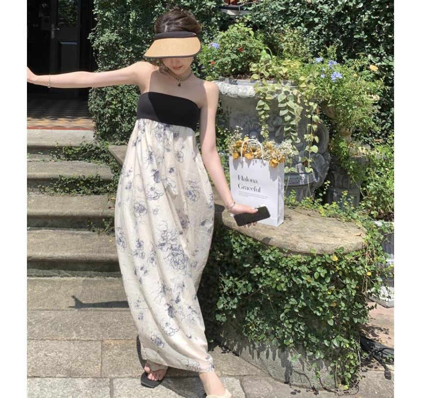 Strapless Floral Print Maxi A-Line Dress