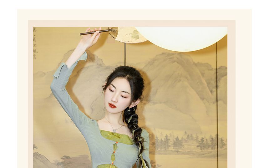 Set: Spaghetti Strap Painting Print Midi A-Line Dress + Plain Ruffle Asymmetrical Long Top