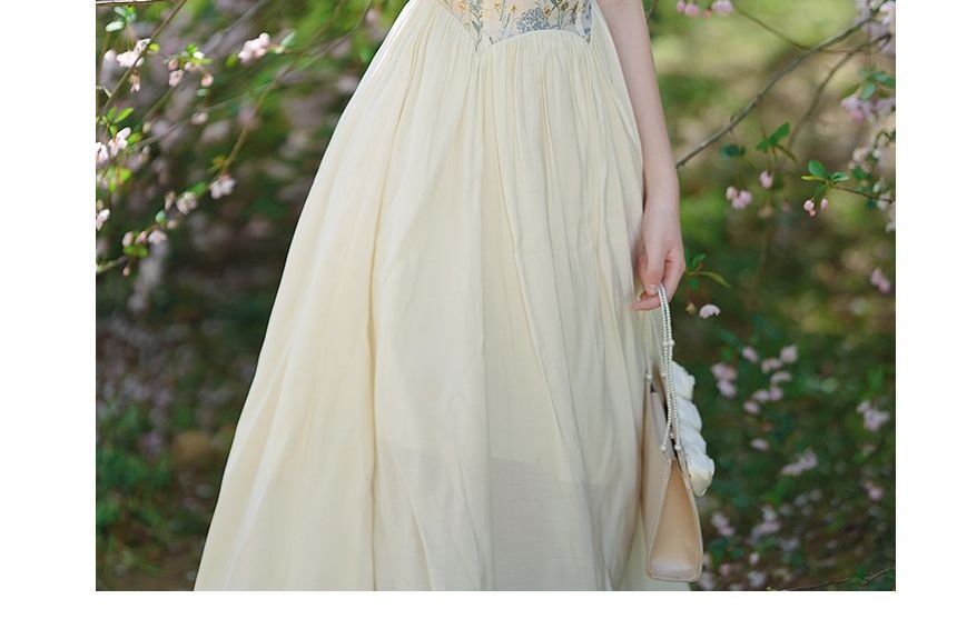 Short-Sleeve Floral Panel Midi A-Line Corset Dress