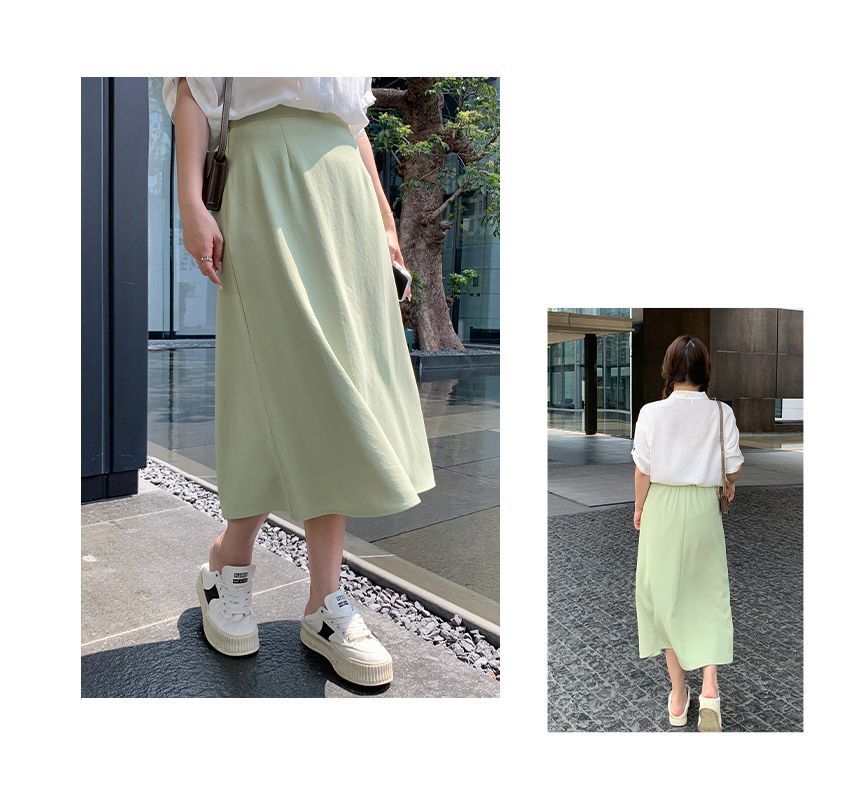 High Waist Plain Midi A-Line Skirt