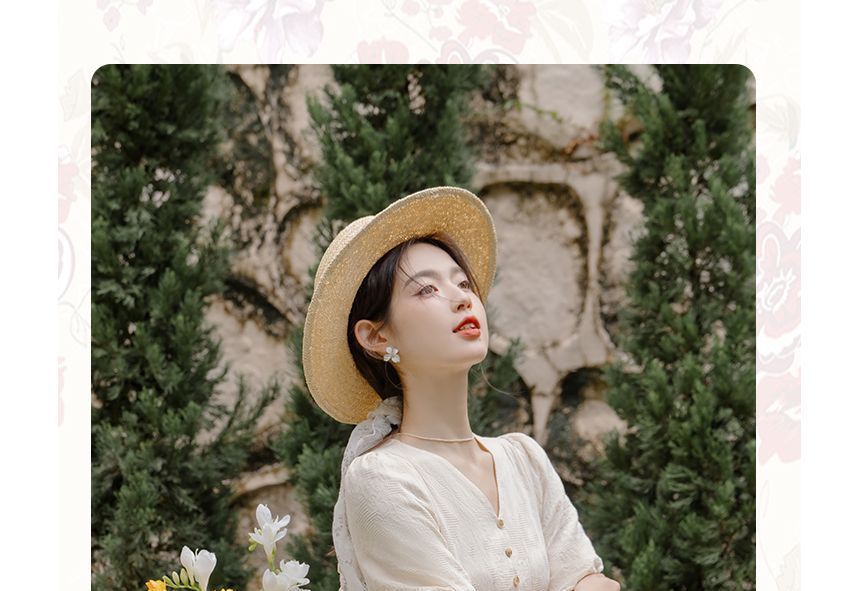 Short-Sleeve V-Neck Plain Button Gathered Slit Midi A-Line Dress