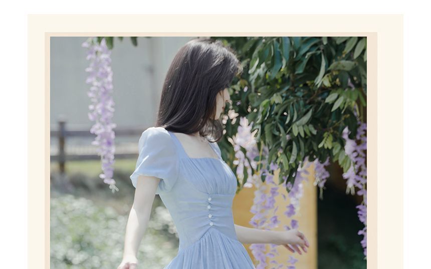 Short-Sleeve Square Neck Floral Print Ruched Midi A-Line Dress