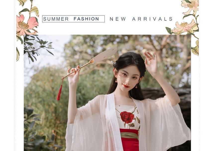 Set: Floral Print Camisole Top + Plain Midi Hanfu Jacket + High Waist Tie-Waist Maxi A-Line Skirt